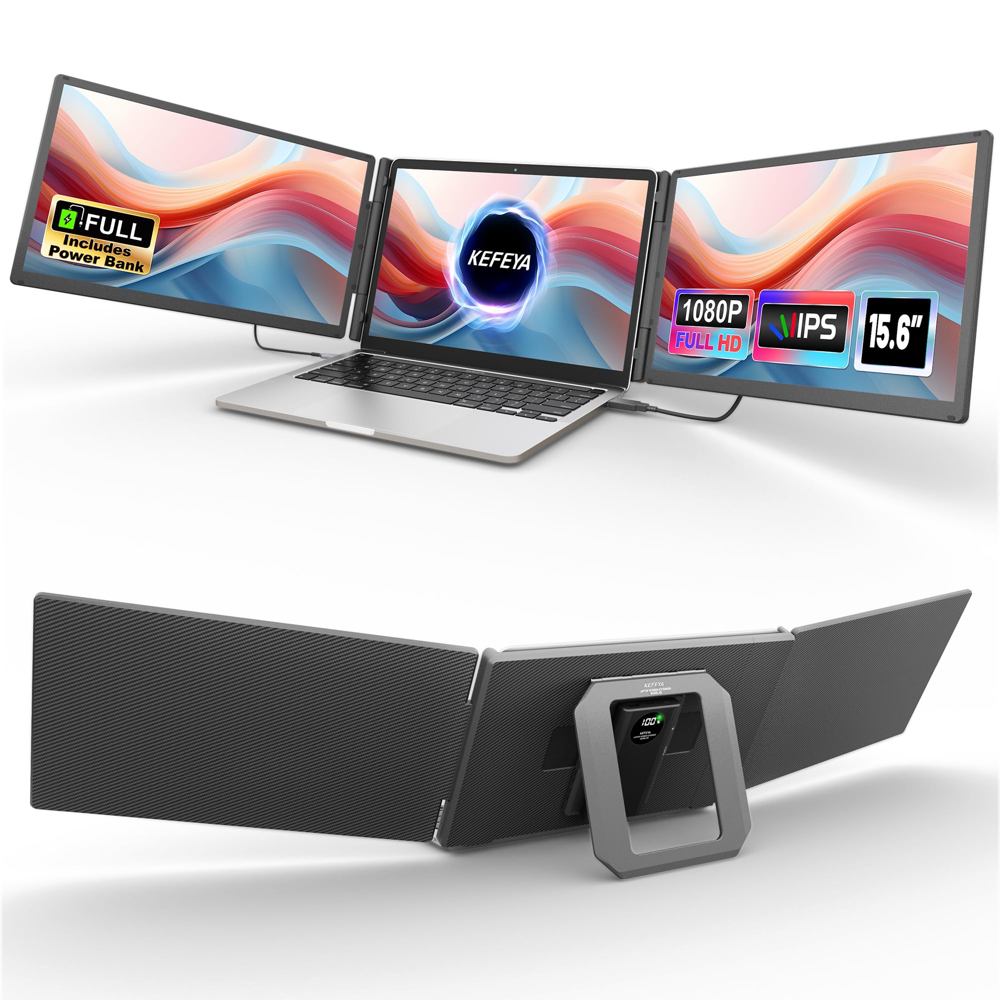 Photo 1 of KEFEYA 15.6" Laptop Screen Extender, Includes Power Bank, FHD 1080P IPS Triple Laptop Monitor Extender for 13-17" Laptops, Plug & Play with HDMI/USB-A/TYPE-C/Hub, Compatible with Windows, Mac, Android