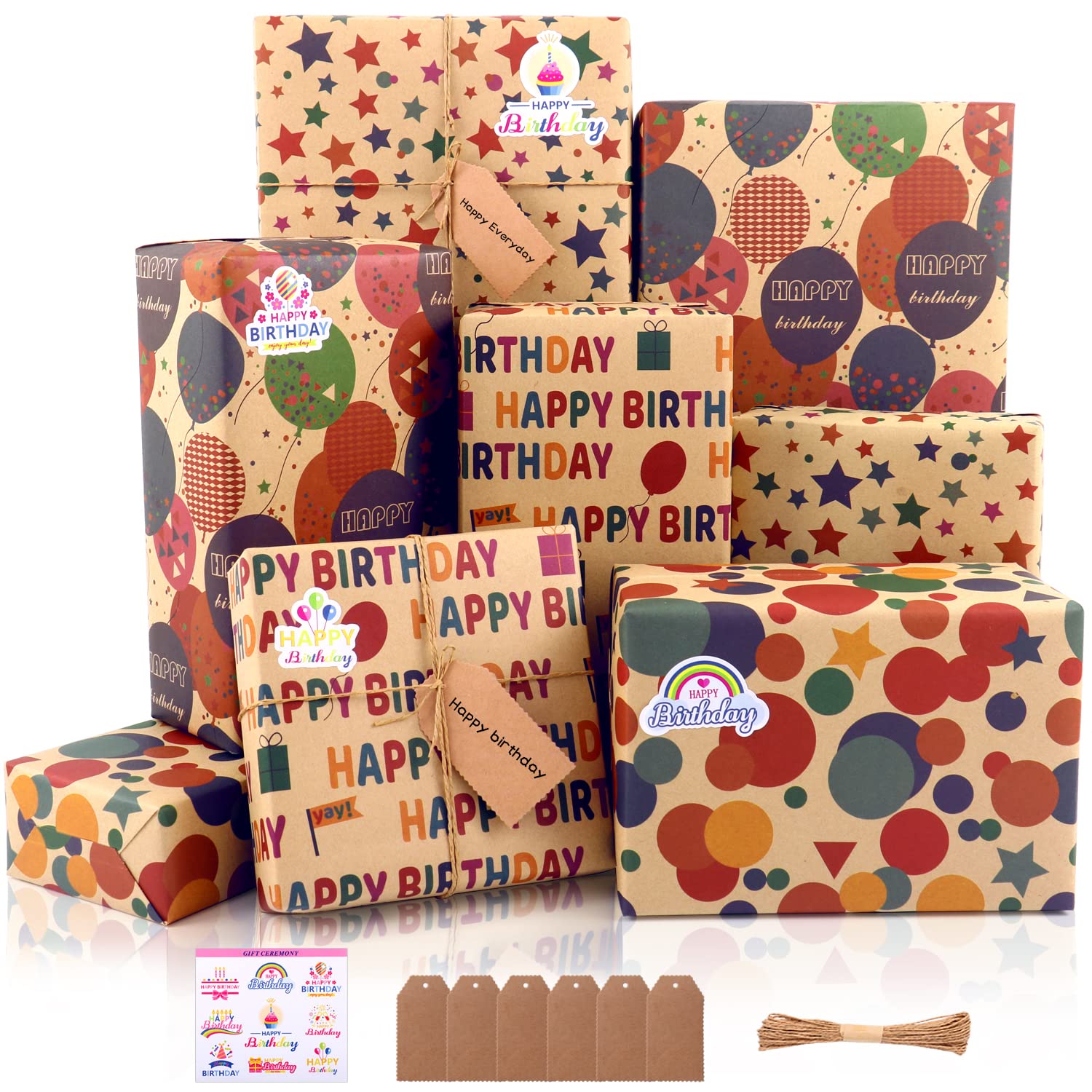 Birthday Wrapping Paper, 6 Sheets Colorful Recyclable Kraft Gift Wrapping Paper for Girls Boys - Colored Balloon Dots Star Design, Gift Wrap Set for Birthday Baby Shower Party, 50x70cm