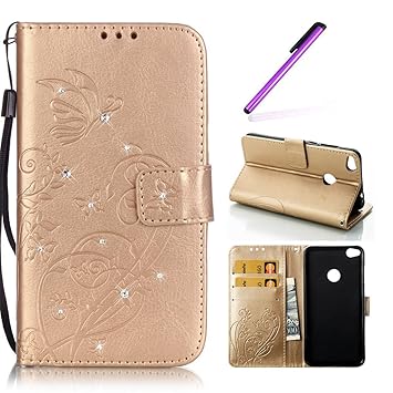EMAXELERS Huawei P8 Lite 2017 Hülle Bling Diamant Schmetterling PU Leder Ledercase Flip Tasche Wallet Schutzhülle Etui Tasche