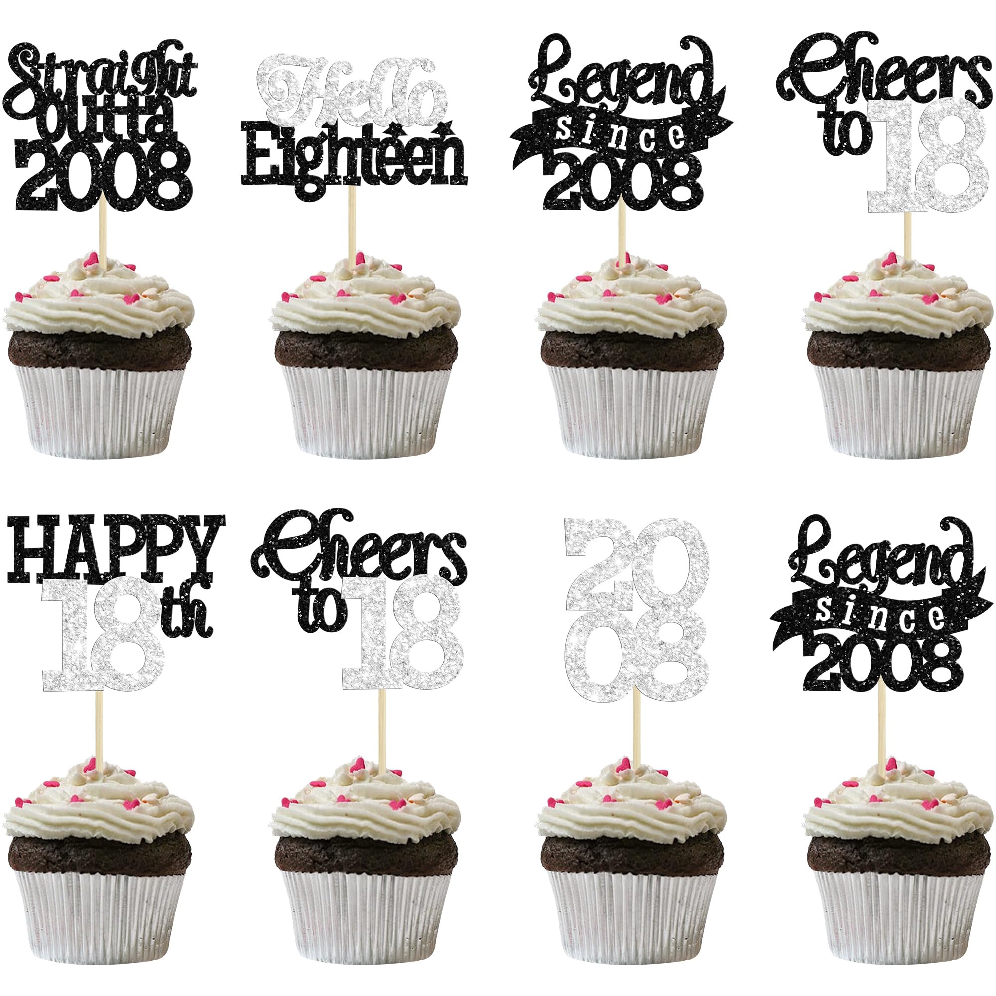 Gyufise 24Pcs Happy 18th Birthday Cupcake Toppers Hello Eighteen Legend Since 2008 Cupcake Picks Cheers to 18 Years Cake Decorations for 18th Birthday Anniversary Party Supplies Black Silver