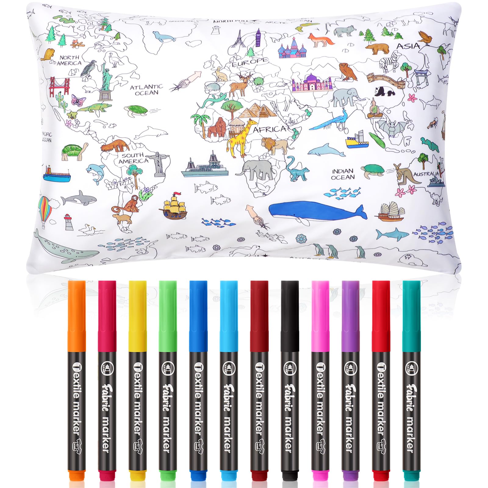 Photo 1 of **MISSING PILLOWCASE*** Mindsoft Coloring Craft Coloring Pillowcase World Map Pillowcase with 12 Pcs Markers Pens for Decoration Supplies Craft, 28.7 x 19.7 Inch
