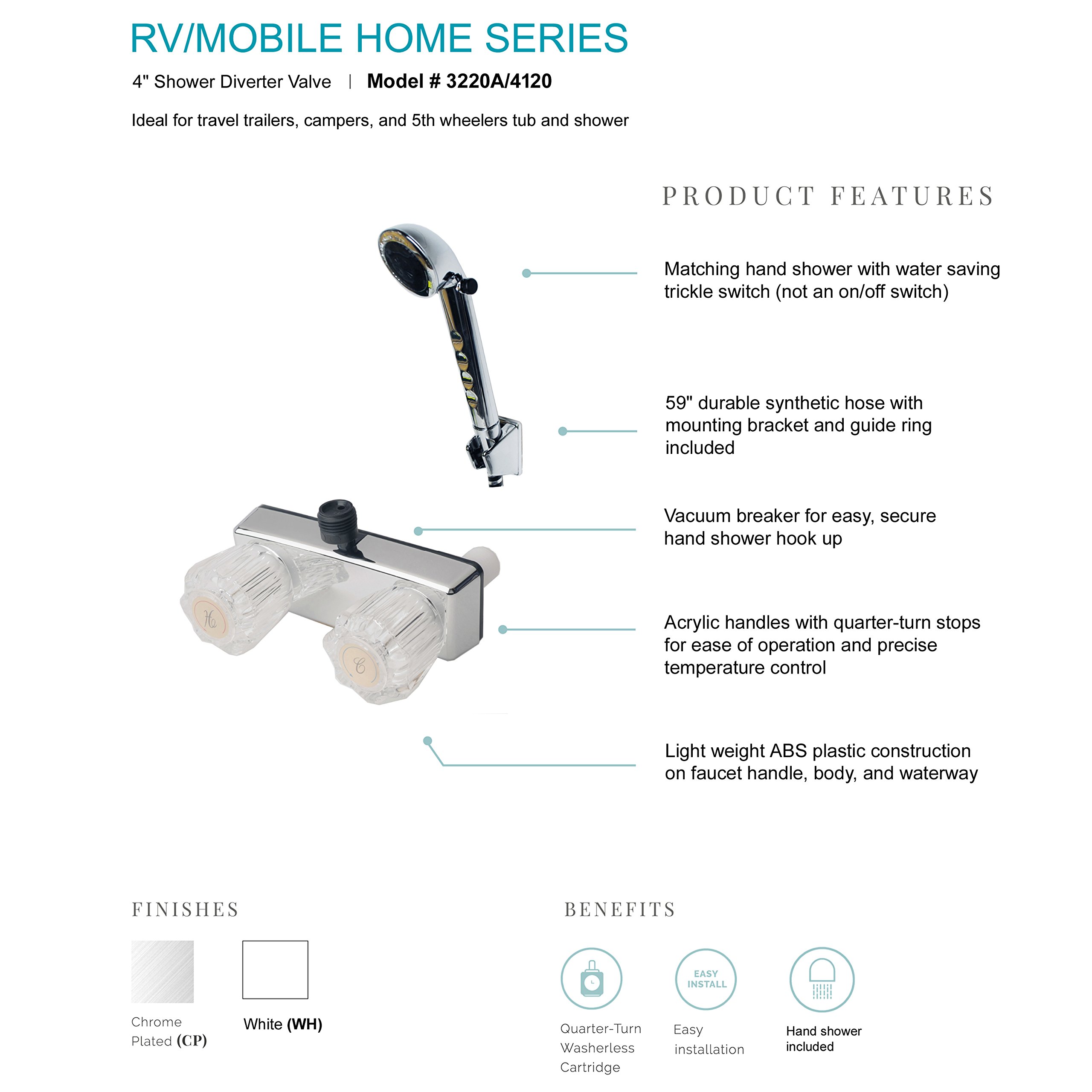 RV Mobile Travel Home Two Handle Shower Valve Diverter with Showerhead