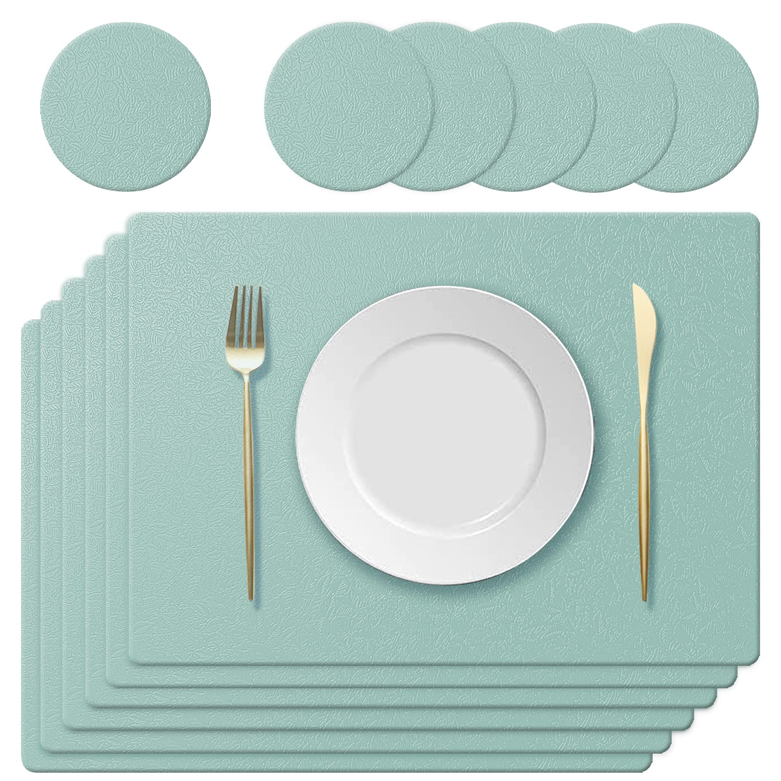KERYCHIN Silicone Placemats + 6 Round Coasters Set with Non-Slip Leaf Pattern, Heat Resistant 450 °F, Washable Place Mat for Kitchen, Home, Restaurant, Dining Table, 40 x 30 cm, Light Green