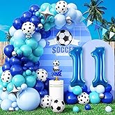 11th Birthday Soccer Party Decoration for Boys, 11th Soccer Birthday Balloons Arch with Royal Blue Teal Light Blue Balloon Garland Kit Large Number 11 Balloon for 10th Football Birthday Party Supply