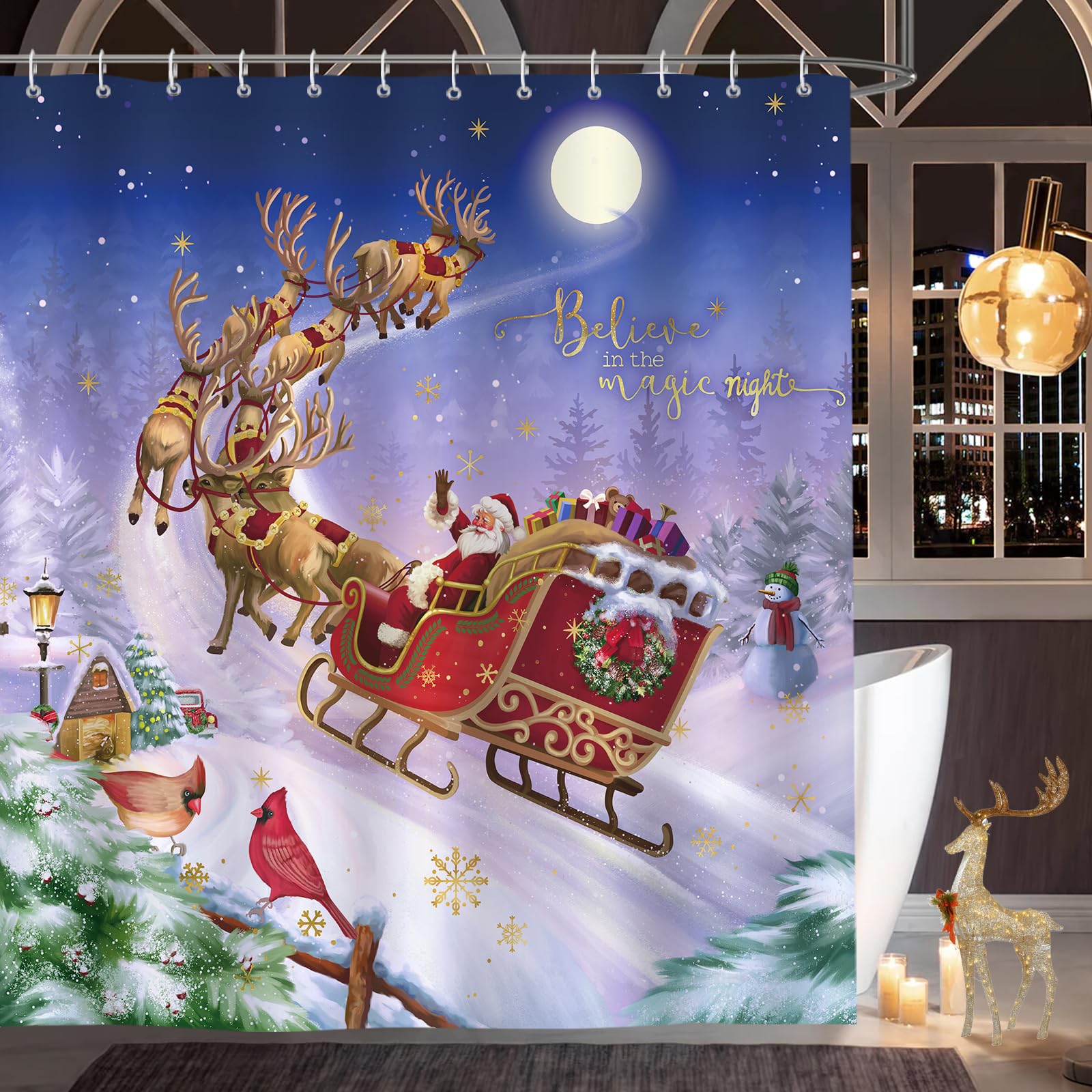 Bonhause Christmas Shower Curtain 180 x 180 cm Santa Claus Reindeer Sleigh Bathroom Curtain Waterproof Mildew & Mould Resistant Polyester Fabric Bath Curtain with 12 Hooks