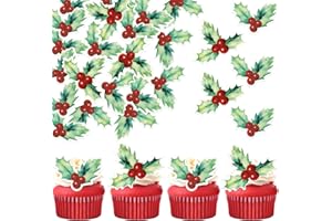 YCTHUNFISH 60 Pack Edible Christmas Holly Leaves Cake Topper Merry Christmas Cupcake Picks Water Paper New Year Xmas Cake Decorations for Boy or Girl Baby Shower Kids Birthday Party Supplies 2