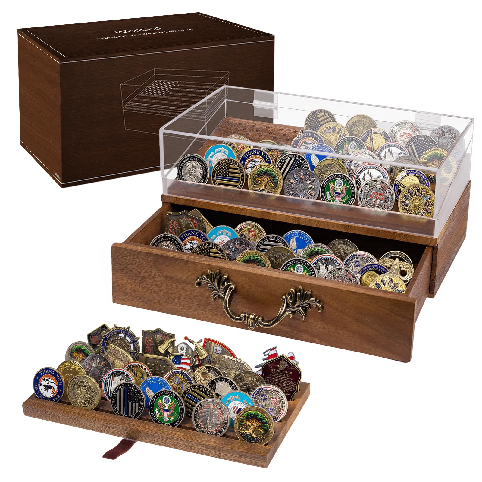 Photo 1 of **DAMANGED** Walnut Challenge Coin Display Case, Sloped Style with American Flag, Flip Lid & Pull-Out Drawer - Holds 69 Coins, Gift for Coin Collector