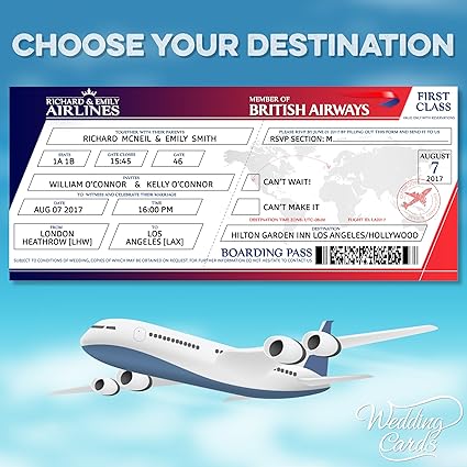 10 X Personalised Flight Wedding Birthday Ticket Invitations