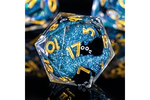 Roycevon Resin DND Dice Set with Gift Box, 7Pcs Liquid Core Cat D&D Dice, Cute Dungeons Dragons D and D Dice, Sharp Edge Role Playing Game Dice D20 D12 D10 D8 D6 D4, Blue Gold
