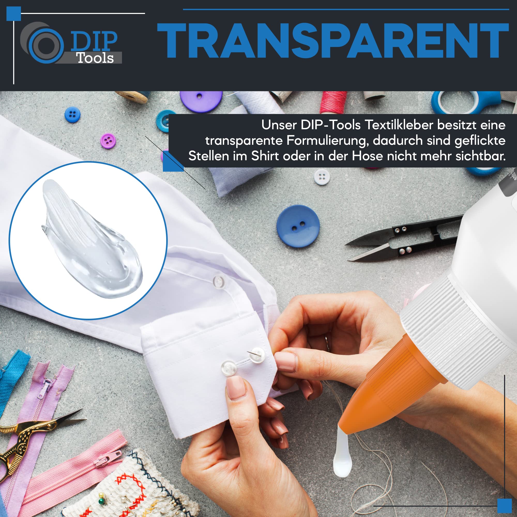 DIP-Tools Textilkleber Stoffkleber waschmaschinenfest 100ml I für Textilien Stoffe Polyester Jeans, Superkleber extra stark, transparent & wasserfest ohne Rückstände, geruchlos ohne Lösungsmittel 8