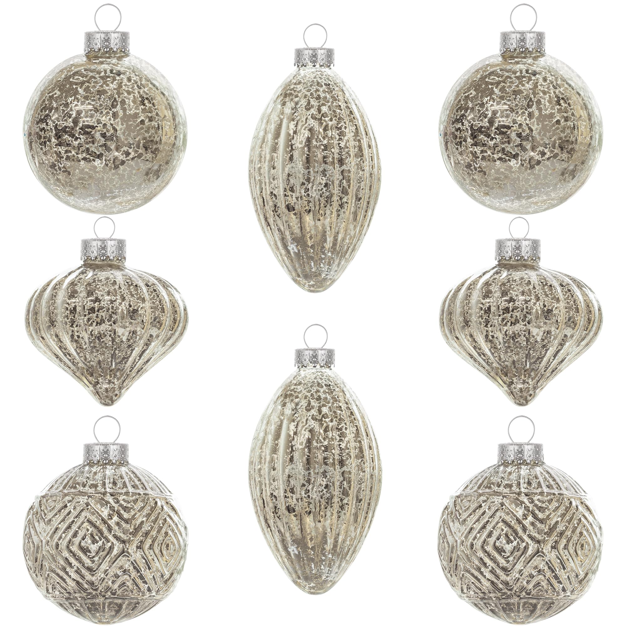 KI Store Mercury Glass Christmas Tree Decorations Champagne Silver Set of 8 80mm 120mm Hanging Christmas Baubles Finials for Tree Decoration Holiday Décor