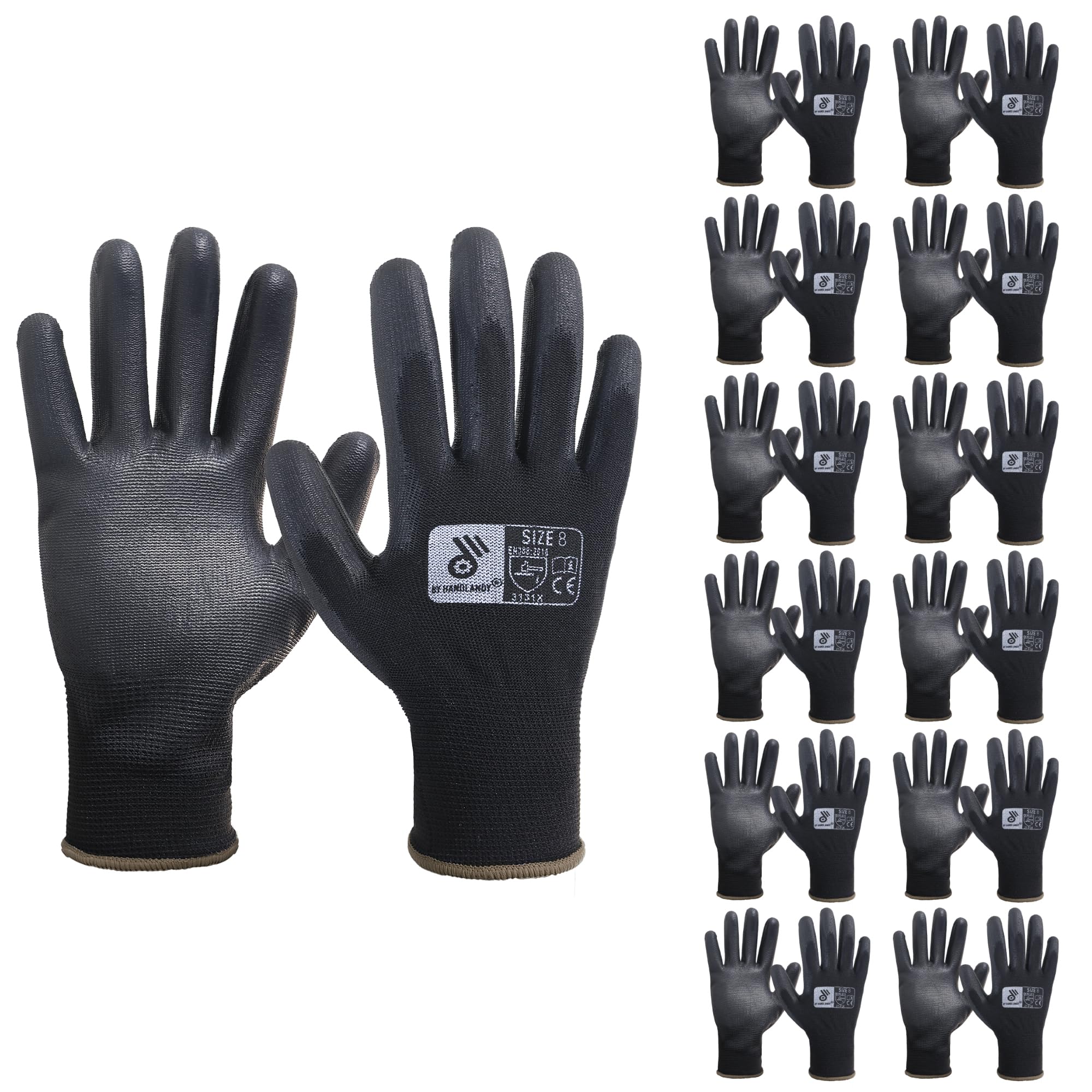 HANDLANDY 12 Pairs PU Coated Nylon Black Protective Work Gloves, Non-slip Flexible Gloves for Construction, Warehouse, Gardening, Medium — image 1