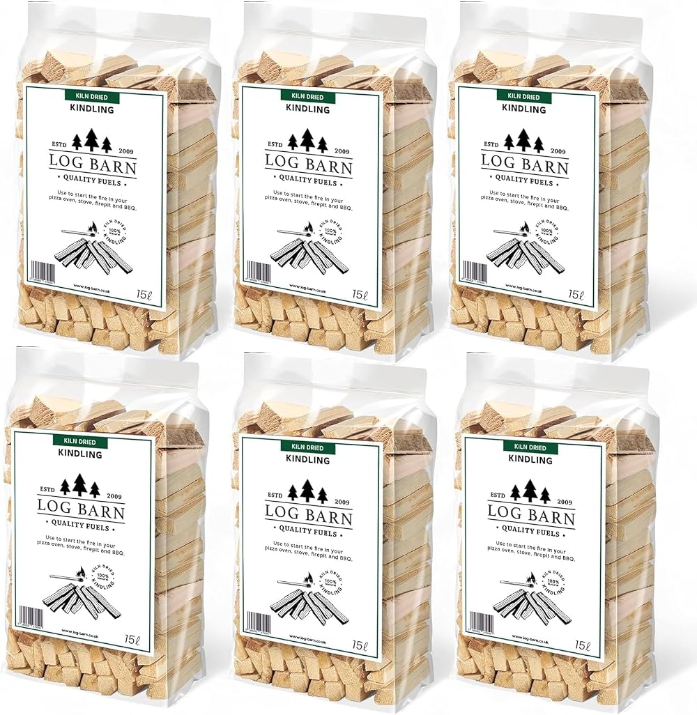 Log Barn Kiln-Dried Kindling Wood 13kg 6 x 15l Bags for Fires
