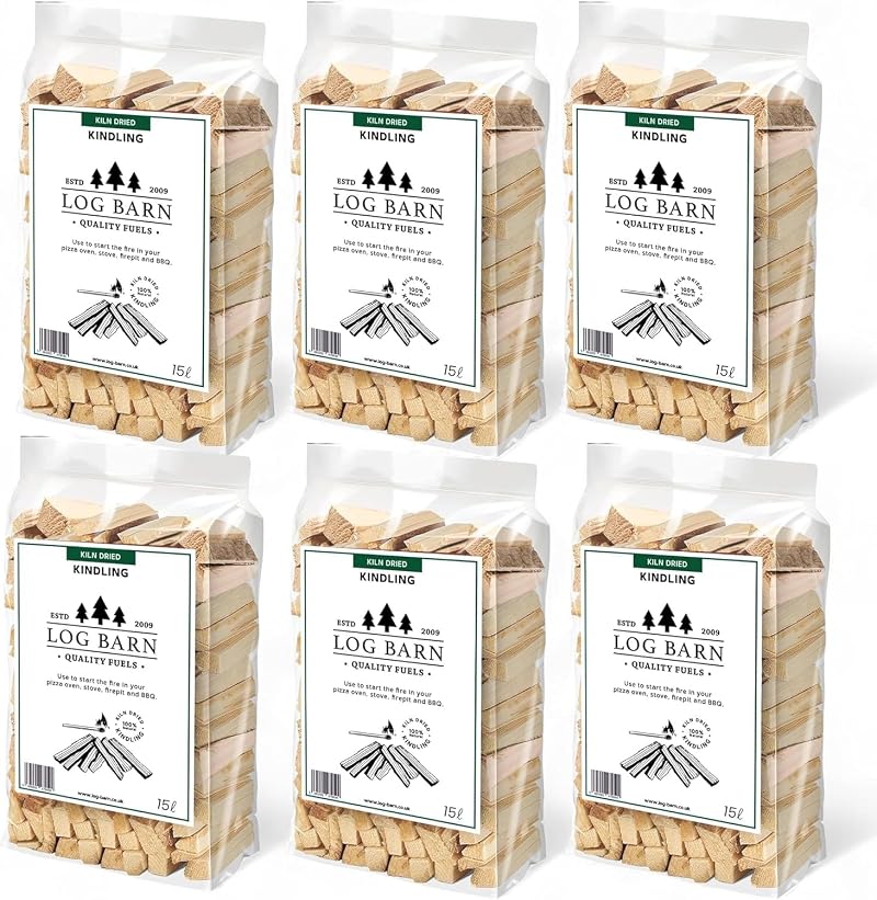 Log Barn Kiln-Dried Kindling Wood 13kg 6 x 15l Bags for Fires