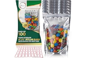 BELLE KR® 4x6 Mylar Bags for Freeze Dried Candy - Pack Of 100-7.5mil Thick - 1/2 Pint Stand Up Small Clear Mylar Bags with See Through Window for Freeze Drying - Labels Included