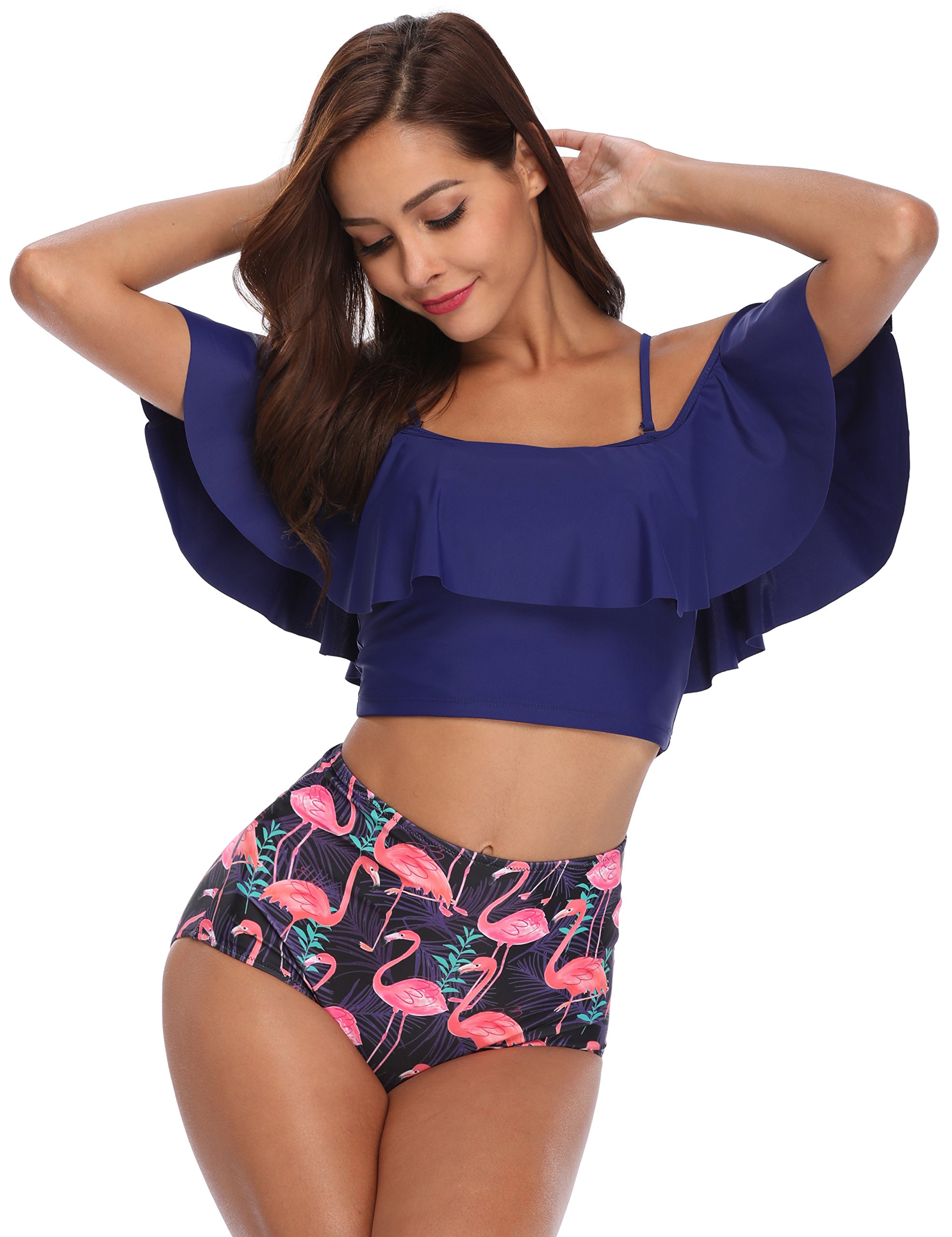 MarinaVida Women Off Shoulder Ruffle Swimsuit Crop Top Two Piece Bathing Suit