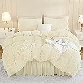 Andency Faux Fur Beige Comforter Set Queen Size, 3 Pieces Fluffy Fuzzy Plush Bedding Comforter Set (1 Shaggy Velvet Comforter & 2 Pillowcases), Soft Puffy Comfy Down Alternative Comforter Bedding Set