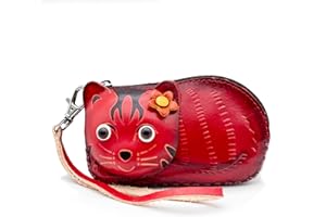 XYC INNOVATION Handmade 3D Cute Animal Cartoon Leather Cowhide Coin Purse, Wallet, and Key Case - Zippered Pouches with Wristband Clutch for Easy Hand-Holding and Gift Giving New Coin Purse (kitten red)
