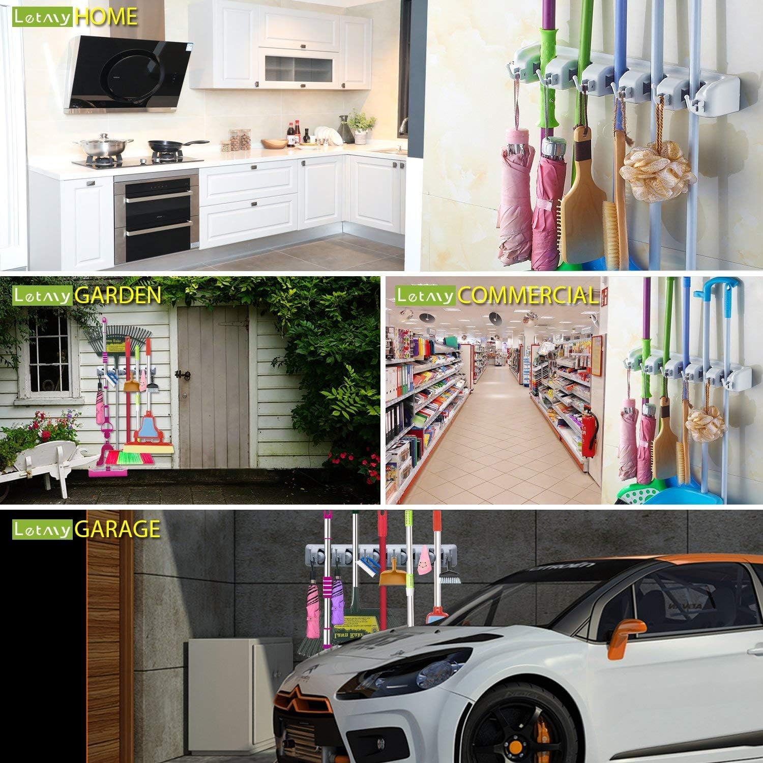 LETMY Broom Holder Wall Mounted - Mop and Broom Hanger Holder - Garage Storage Rack & Garden Tool Organizer - 5 Position 6 Hooks for Home, kitchen, Garden, Tools, Garage Organizing: Home & Kitchen