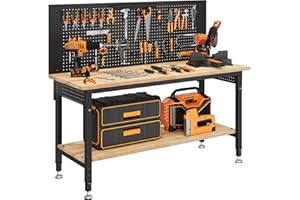 CAMMOO 60" Work Bench Adjustable Height with Storage Shelf, Max Load 2000 LBS Heavy Duty Rubberwood Tabletop with Pegboard, LED Light, Built-in Power Strip for Woodworking Shop, Garage, Home
