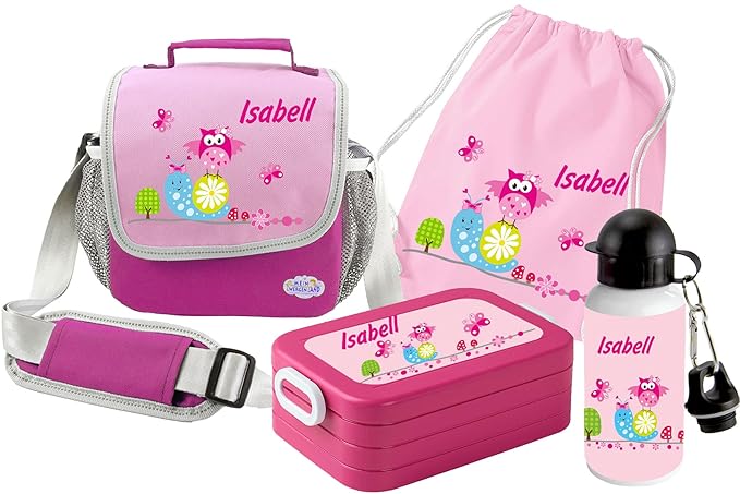 Mein Zwergenland Set 5 Kindergartentasche, Brotdose, Trinkflasche und Turnbeutel Happy Knirps mit Namen, 4-teilig, rosa