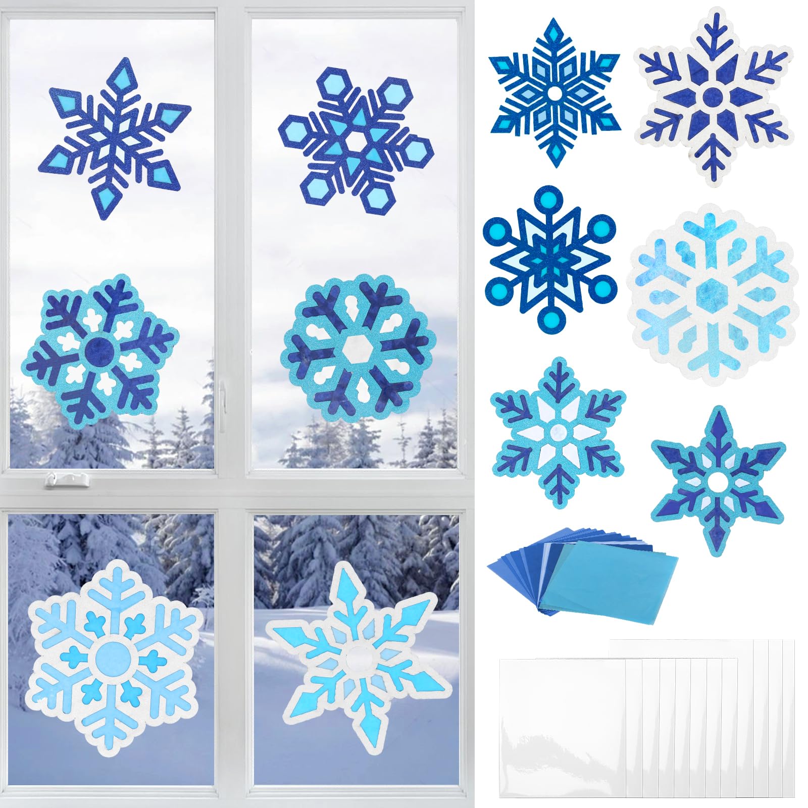 MONCAP 12Pcs Snowflake Stained Glass Decoration Christmas Art and Craft Kits for Kids, Winter Themed Snowflake Stained Glass Effect Paper DIY Window Classroom Xmas Party Decor — image 1