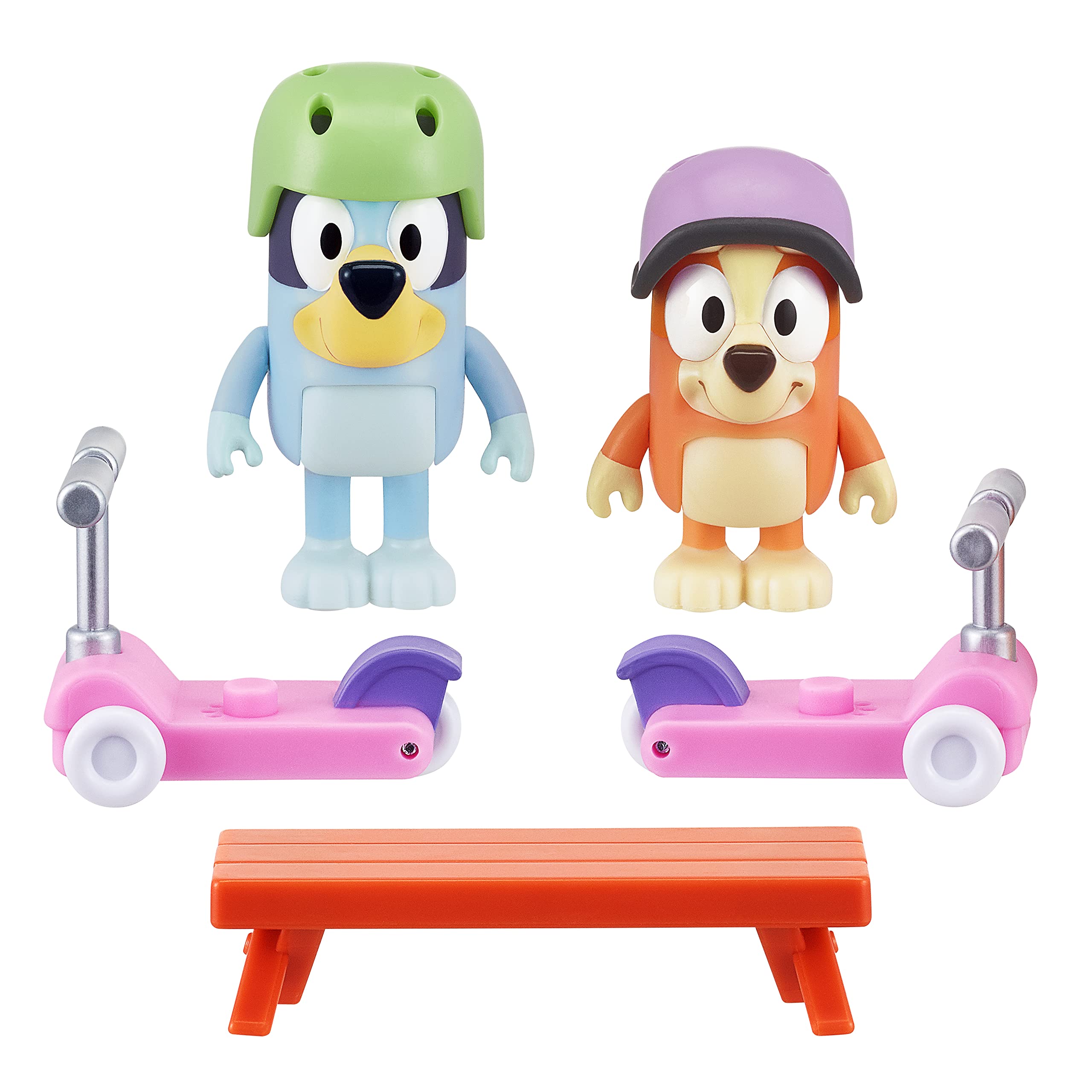 Bluey Scooter Fun Play Set and Bingo Articulated 6cm Action Figures with 2 Scooters, 2 Helmets and Bench Official Collectable Toy, Blue