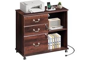 DEVAISE Vintage Farmhouse File Cabinet,Wood Lateral Filing Cabinet with Lock & Charging Station,Rolling Printer Stand with Storage for Home Office Brown Oak