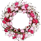 MAINGKAUNG Valentines Day Decorations 20 Inch Valentine's Day Wreath Pink Valentine Wreaths for Front Door with Red Love Heart Berries Pink Tulips Wedding Anniversary Decor