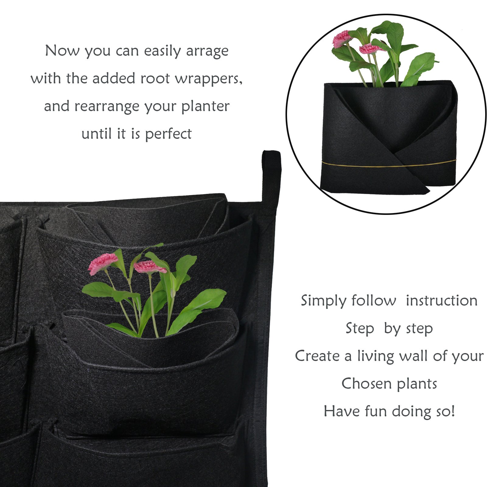 KORAM 8-Pocket Garden Hanging Planter Bag Waterproof Vertical Indoor/Outdoor Living Wall Balcony Plant Grow Pouch 8 pieces of Free Root Wrappers Included