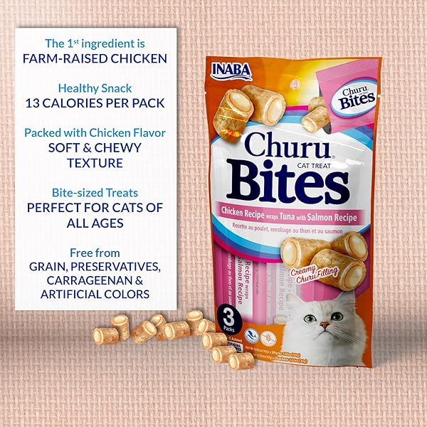 INABA CHURU BITES FOR CATS, SOFT BAKED CHICKEN CHURU FILLED CAT TREATS WITH VITAMIN E, 0.35 OUNCES EACH TUBE, 24 TUBES TOTAL (3 PER PACK), TUNA WITH SCALLOP RECIPE