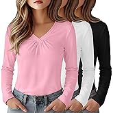 LessonZoo 3 Pack Girl's Long Sleeve Shirts, V Neck Casual Chest Ruched Kids Youth Layering Basic Tee 5-14Y