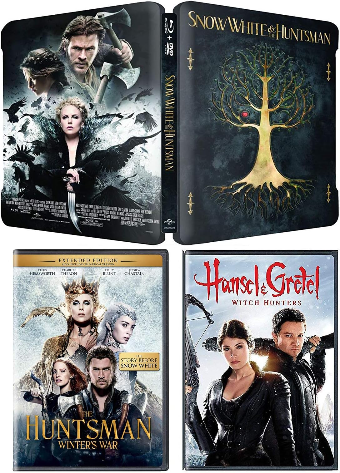 The Story Before Snow White Winter's War + Steelbook DVD + Blu Ray The Huntsman + Hansel and Gretel Modern Fairy Tale Action 3-Pack Limited Edition Feature