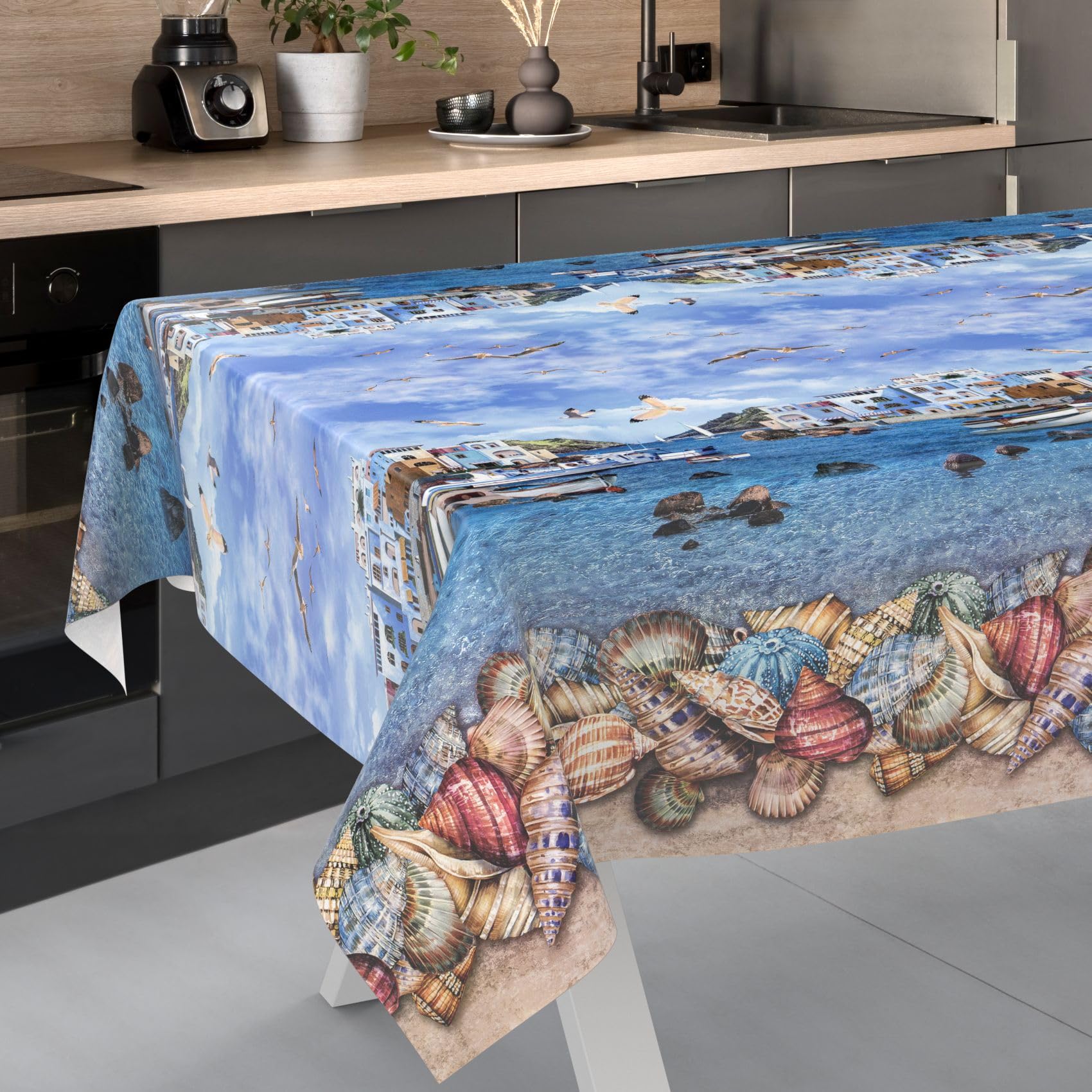 ANRO Oilcloth Tablecloth, Washable, Oilcloth, Garden Tablecloth, Outdoor, Indoor, 200 x 140 cm, Cut Edge, Fisherman's Shore