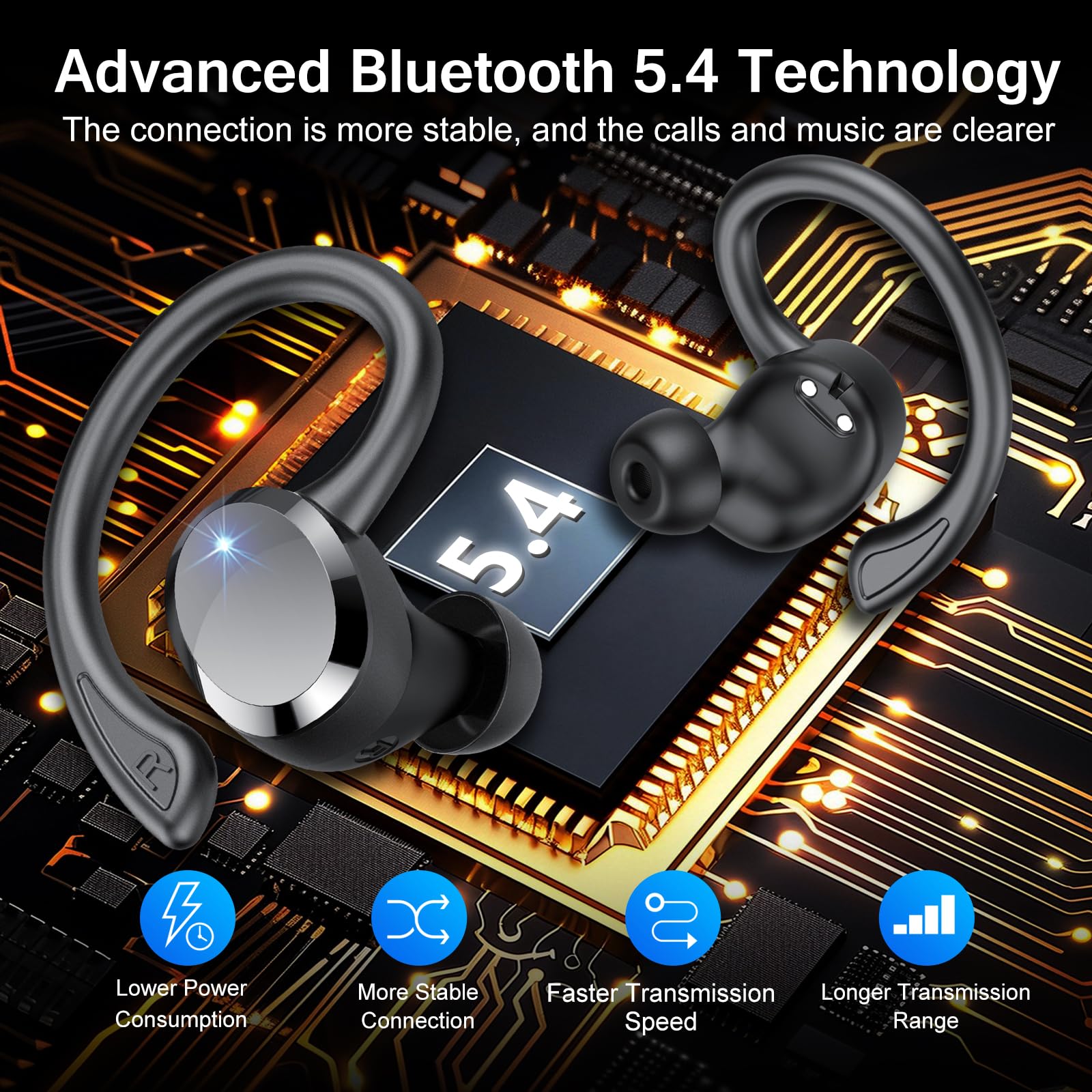 Bluetooth Kopfhörer Sport, Kopfhörer Kabellos Bluetooth 5.4 mit 4 ENC Noise Cancelling Mic, 68Std Hi-Fi Stereo Tiefer Bass Wireless Earbuds, LED-Anzeige, IP7 Wasserdicht Ohrhörer mit Ohrhaken 3