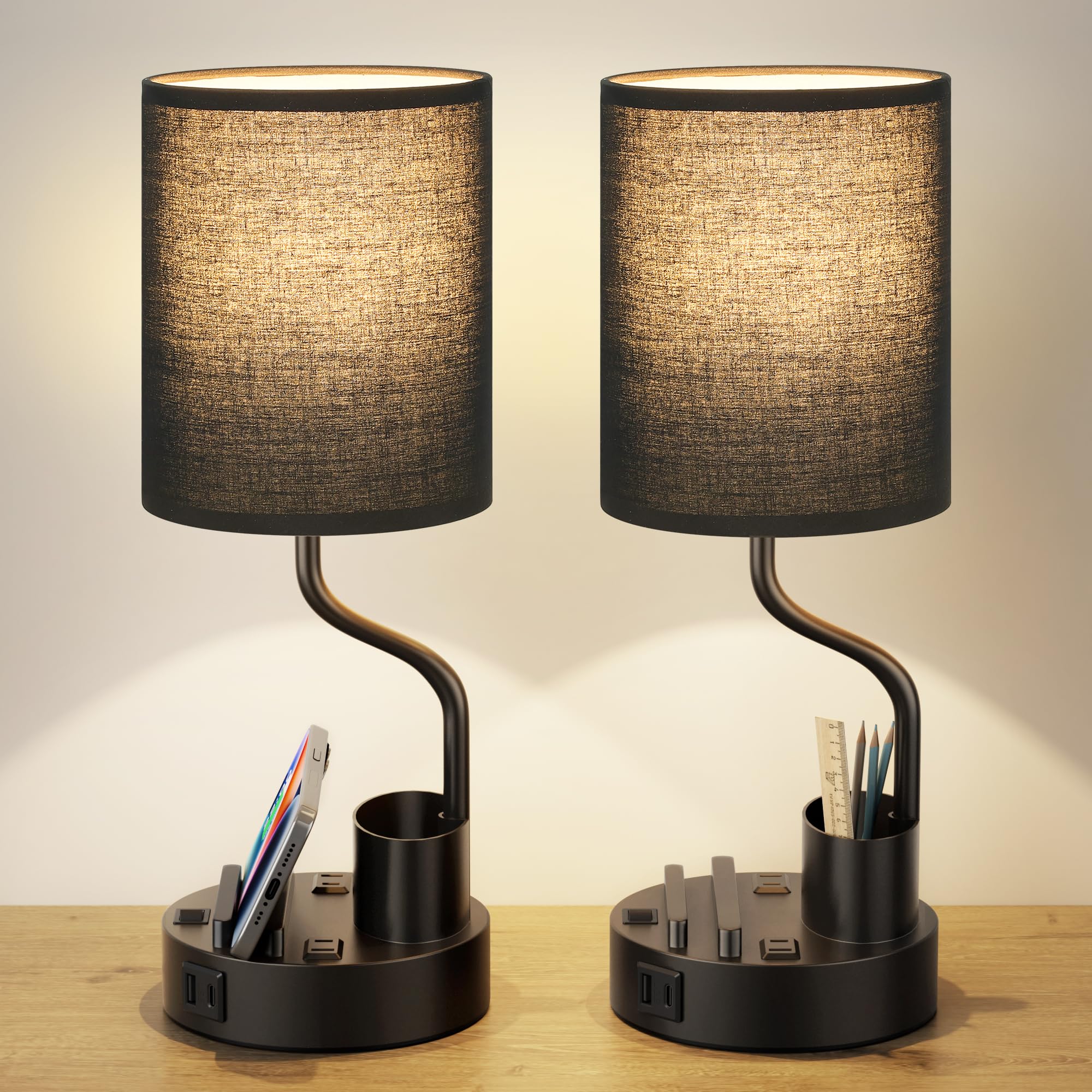 Photo 1 of Black Bedside Table Lamps for Bedroom Set of 2 - Nightstand Light with AC Outlet and USB A & C for Charging, 3 Color Temperatures Desk Lamp with Pen Holder & Phone Stand for Living Room/Dorm/Office