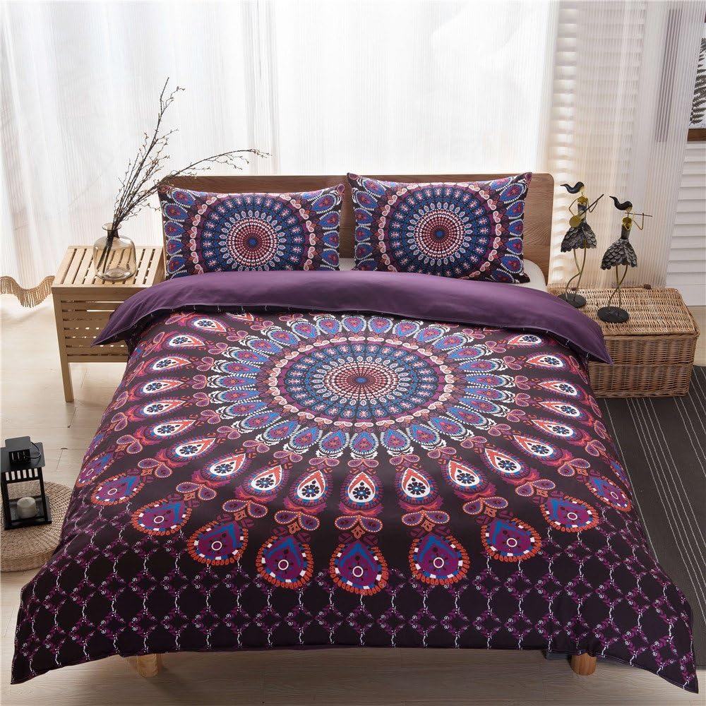CocoQueen Dark Purple Mandala 3pcs Duvet Cover Set Bohemian Paisley Pattern Quilt Cover King Size