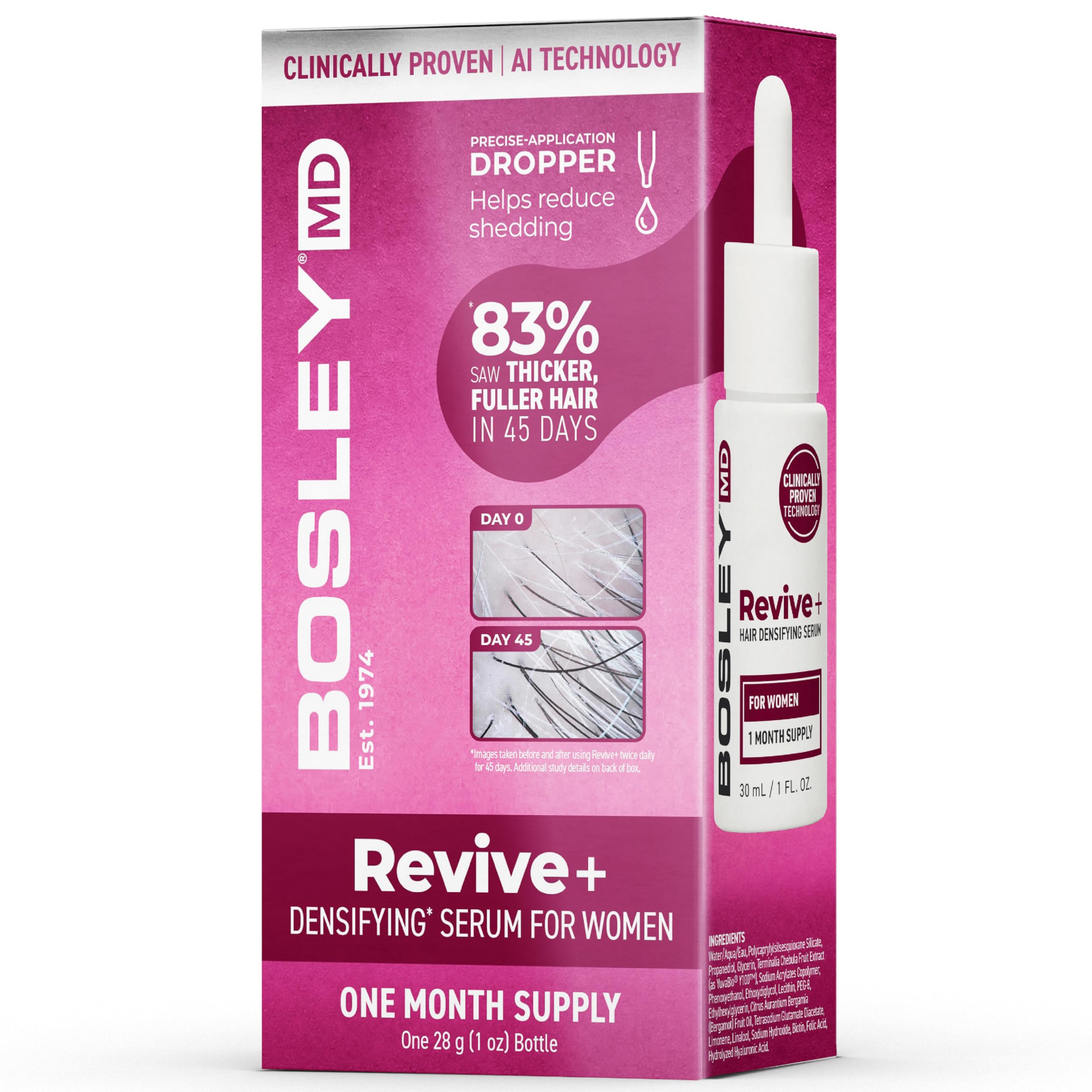 Photo 1 of BosleyMD Revive+ Densifying Hair Growth Serum for Women – Drug-Free Scalp Treatment with Biotin, Saw Palmetto & Y100 Botanical Compound – Thicker, Fuller Hair in 45 Days – 1 Month Supply