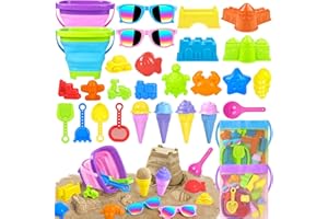 KORLON TEC Beach Toys for Kids Ages 4-8, Sand Toys Set, Sandbox Toys with 2 Collapsible Beach Buckets, Kids Sunglasses, Mesh Bag, Sand Castle Toys for Beach, Travel Toys for Toddlers Boys Girls