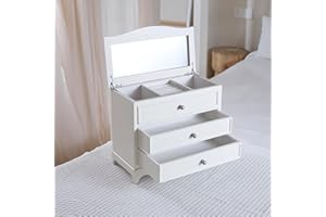 Jozen Gift Jewelry Box-Wooden Three Layers Jewelry Storage Chest with Mirror for girls and Women,Gift for Christmas,Birthday,Valentine's Day and All Holidays-White