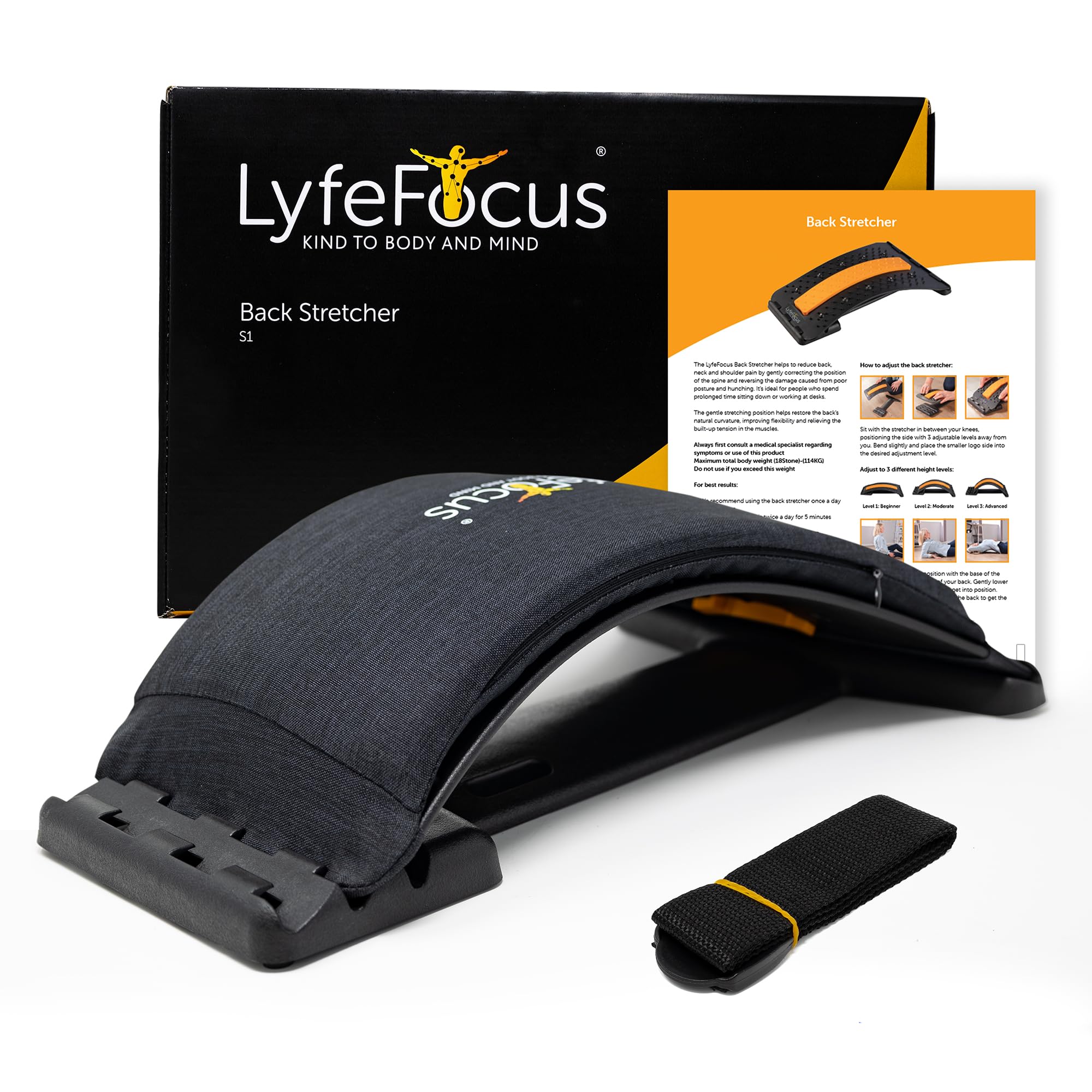 LyfeFocus Back Stretcher with Memory Foam Topper for Back & Neck Pain - Comfortable Adjustable Spine Stretcher Posture Corrector - Spine Board Lumbar Support with Chair Strap (Dark Grey)