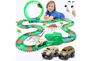 JITTERYGIT Dinosaur Jurassic Race Track Glow in The Dark Toy Playset - Includes Dino Figures, Epic Loop & Jaw Tunnel Set - Birthday for Kids, Boys & Girls 3-8 Years Old