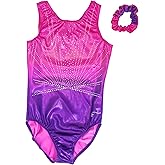 Destira Imagination Gymnastics Leotard for Girls, Pink to Purple Ombre with Sparkle Rhinestones & Matching Scrunchie