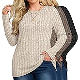 Velvelhall 3 Pack Women's Plus Size Tunic Sweaters Ribbed Long Sleeve Slim Fit Shirts Crewneck Pullover Casual Tops