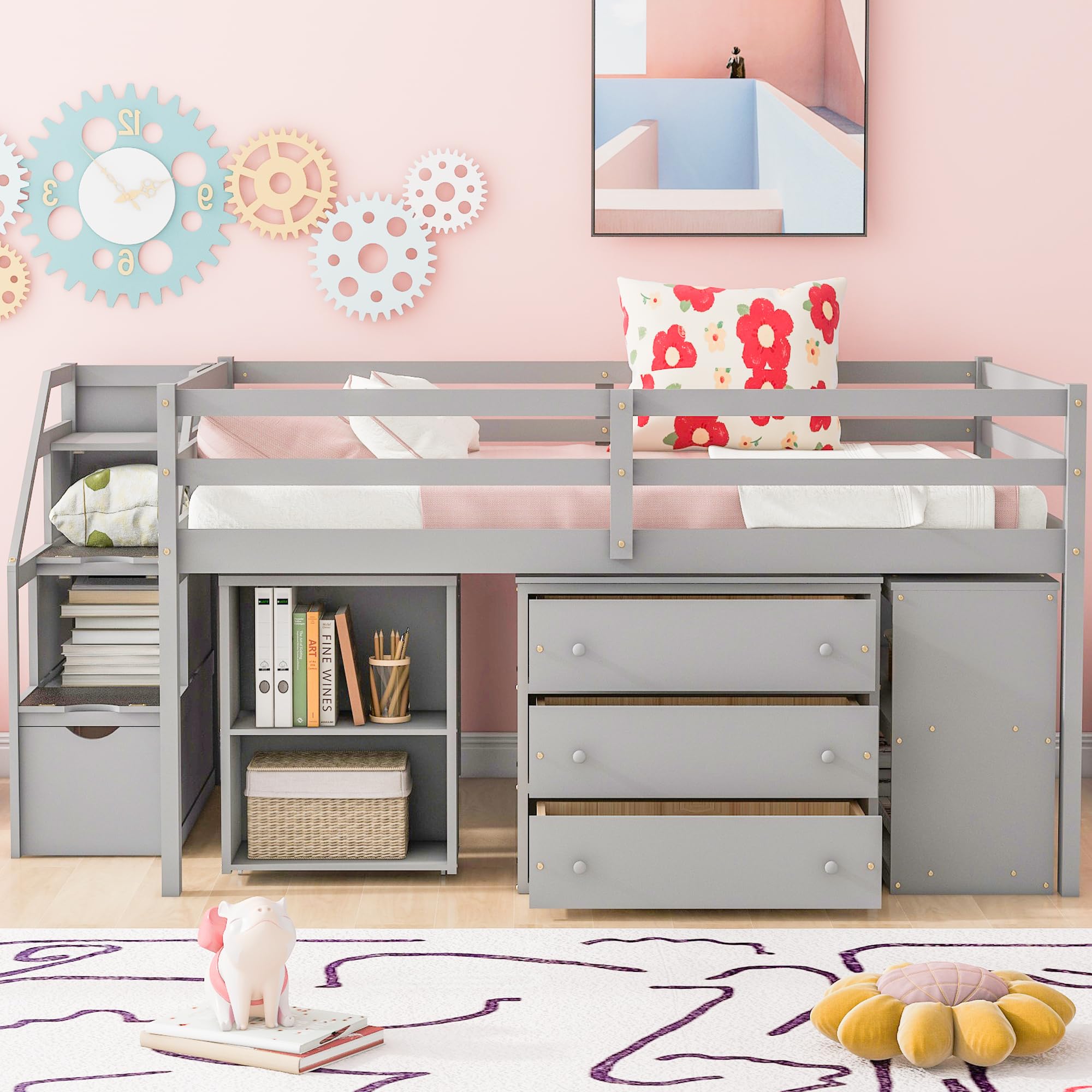 Photo 1 of **box 1 of 3 ONLY** Merax Full Size Wooden Loft Bed with Retractable Writing Desk, 3 Drawers, Storage Stairs and Shelves