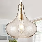 CATINER Handcrafted 11-Inch Mid-Century Modern Brass Gold Pendant Light with Seeded Glass Shade - Elegant Dining Room Pendant