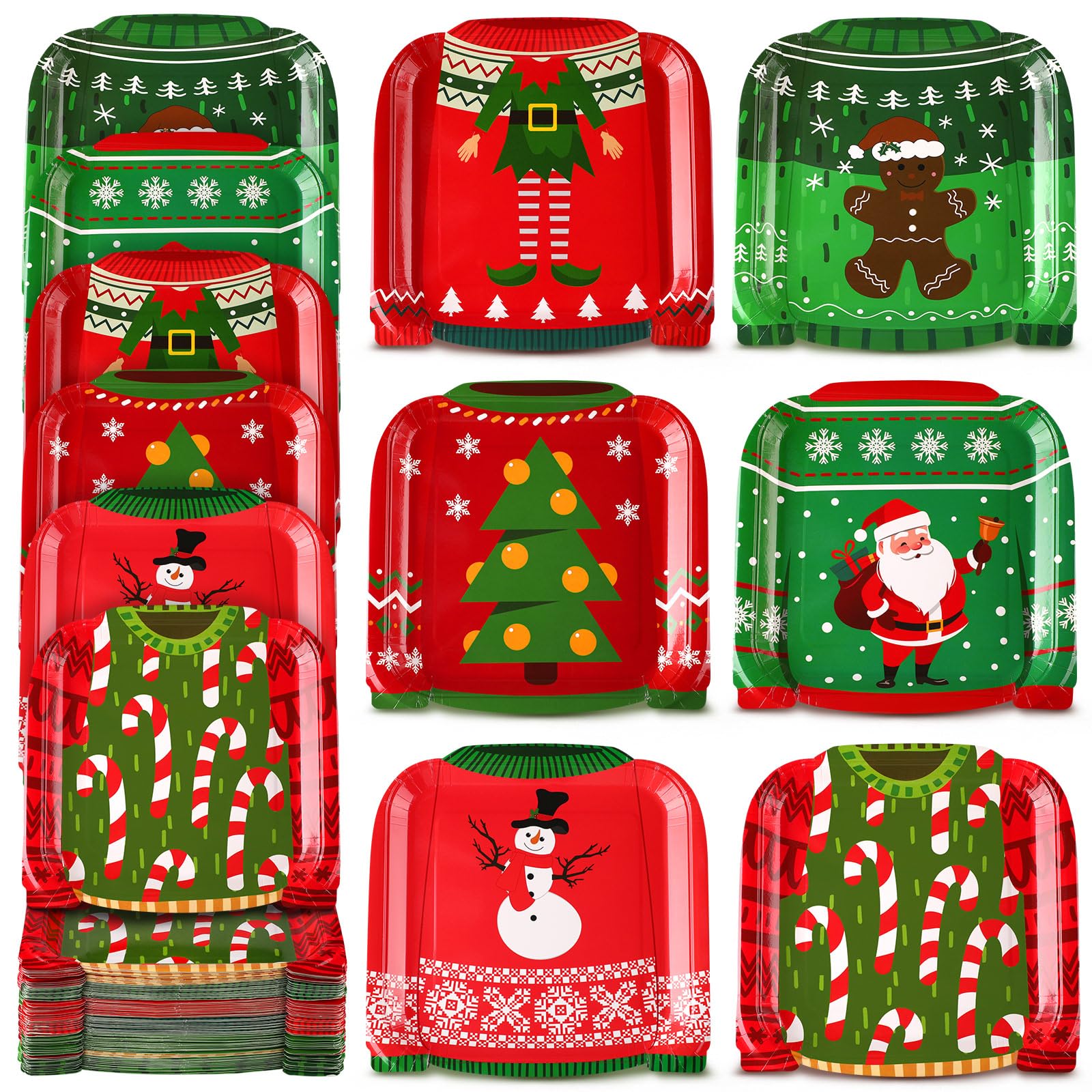 Photo 1 of 120 Pack Christmas Ugly Sweater Paper Plates Christmas Disposable Plates for Party Dessert 9'' with Gingerbread Snowman Santa Claus Candy Cane Xmas Tree Design for Christmas Party Holiday Decorations