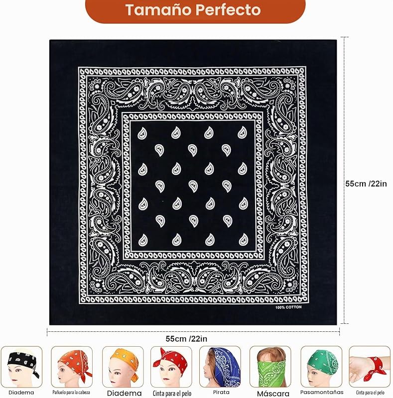 Pacote de 3 bandanas de algodão Paisley - Bandana para homens para proteção facial, desporto, faixa de suor, proteção solar, diário, viagens (Nero, bianco, rosso) — foto 3 de 7