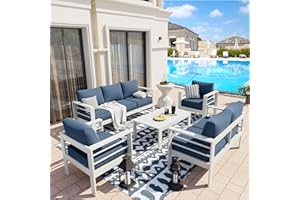 UDPATIO Oversized Aluminum Patio Furniture Set, Modern Metal Outdoor Patio Conversation Sets, Patio Sectional Sofa Set w/ 5 Inch Cushion for Deck, White Blue (Include 4 Sofa Covers)
