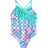 Dvenki Girls One Piece Swimsuit - Adjustable Strap, Mermaid Print Toddler Ruffle Bathing Suit